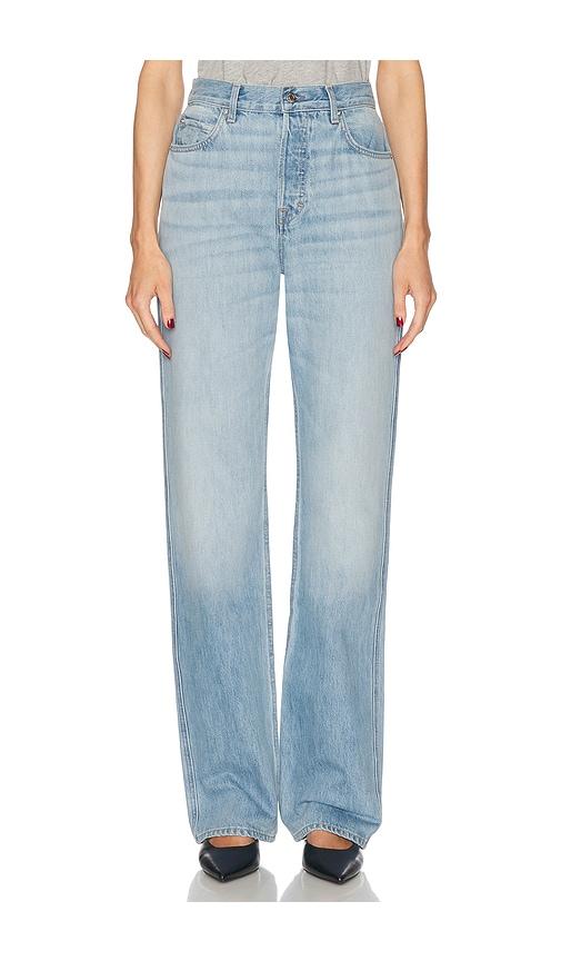 grlfrnd graham high rise straight jeans in blue.