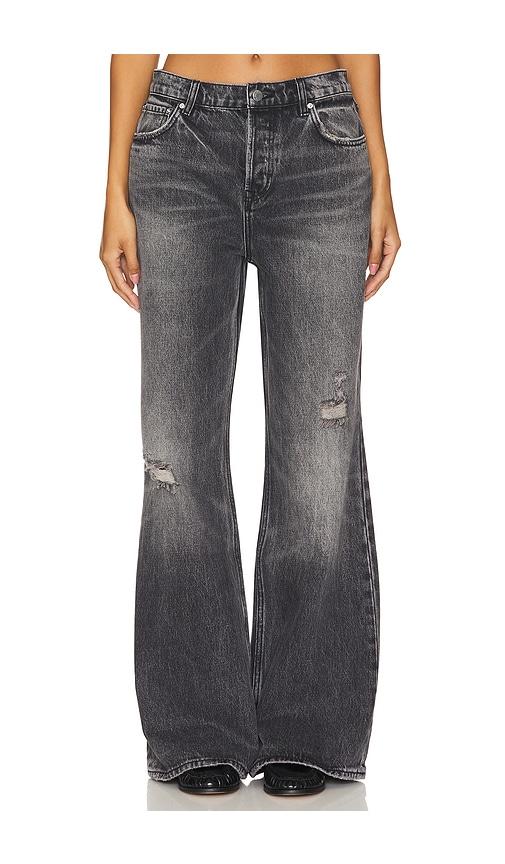 grlfrnd jade low rise relaxed flare jeans in grey.