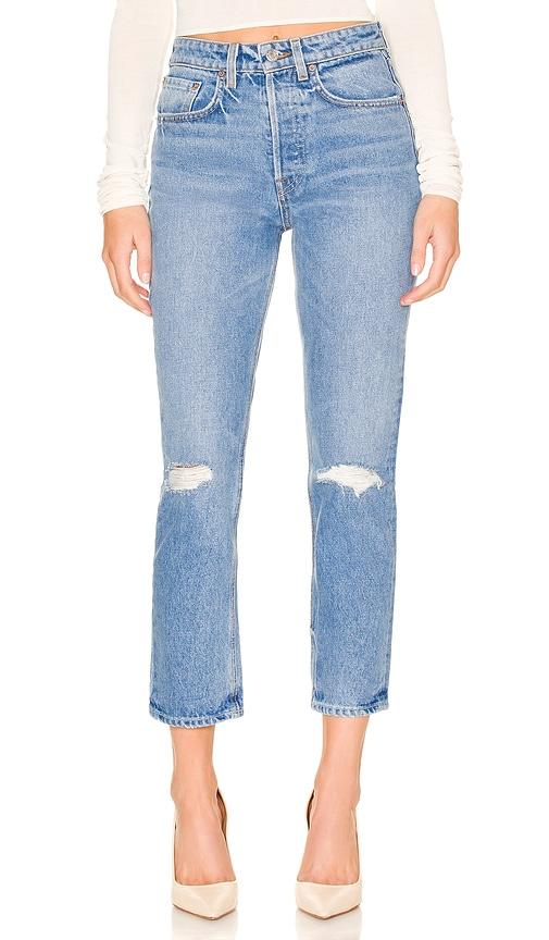 grlfrnd karolina high rise straight crop jeans in denim-light.