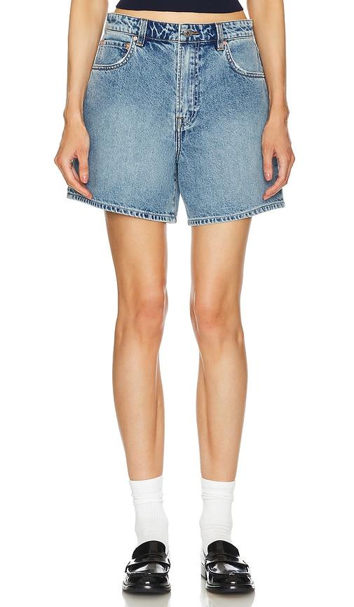 grlfrnd reggie mid rise long mom short in denim-medium.