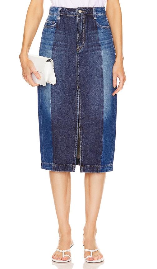 grlfrnd robin seamed tonal midi skirt in denim-medium.