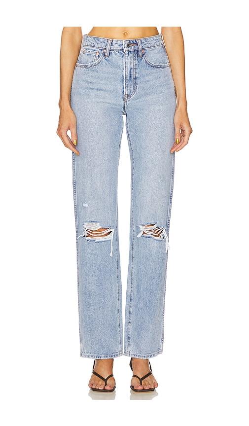 grlfrnd sara super high rise slim straight jeans in denim-light.