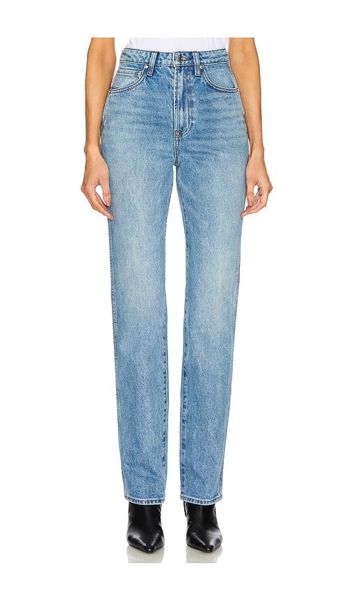 grlfrnd sara super high rise slim straight jeans in denim-medium.