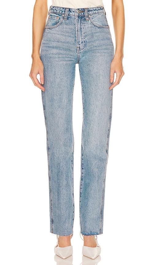grlfrnd sara super high rise straight jeans in blue.