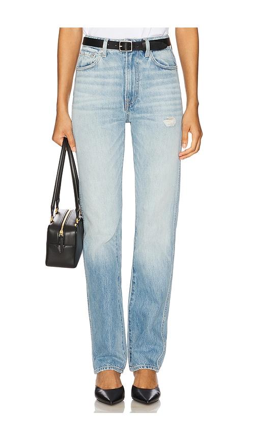 grlfrnd sara super high rise straight jeans in blue.