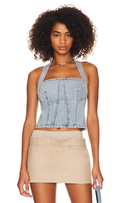 grlfrnd tianna halter bustier in denim-light.