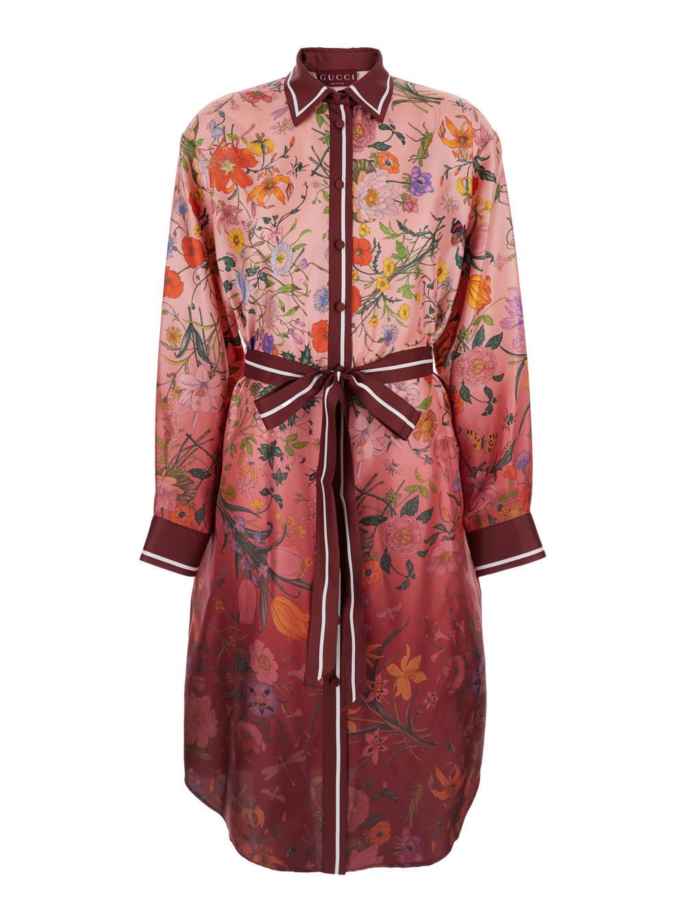 gucci bordeaux gradient dress with removable belt and all-over flora print in silk woman