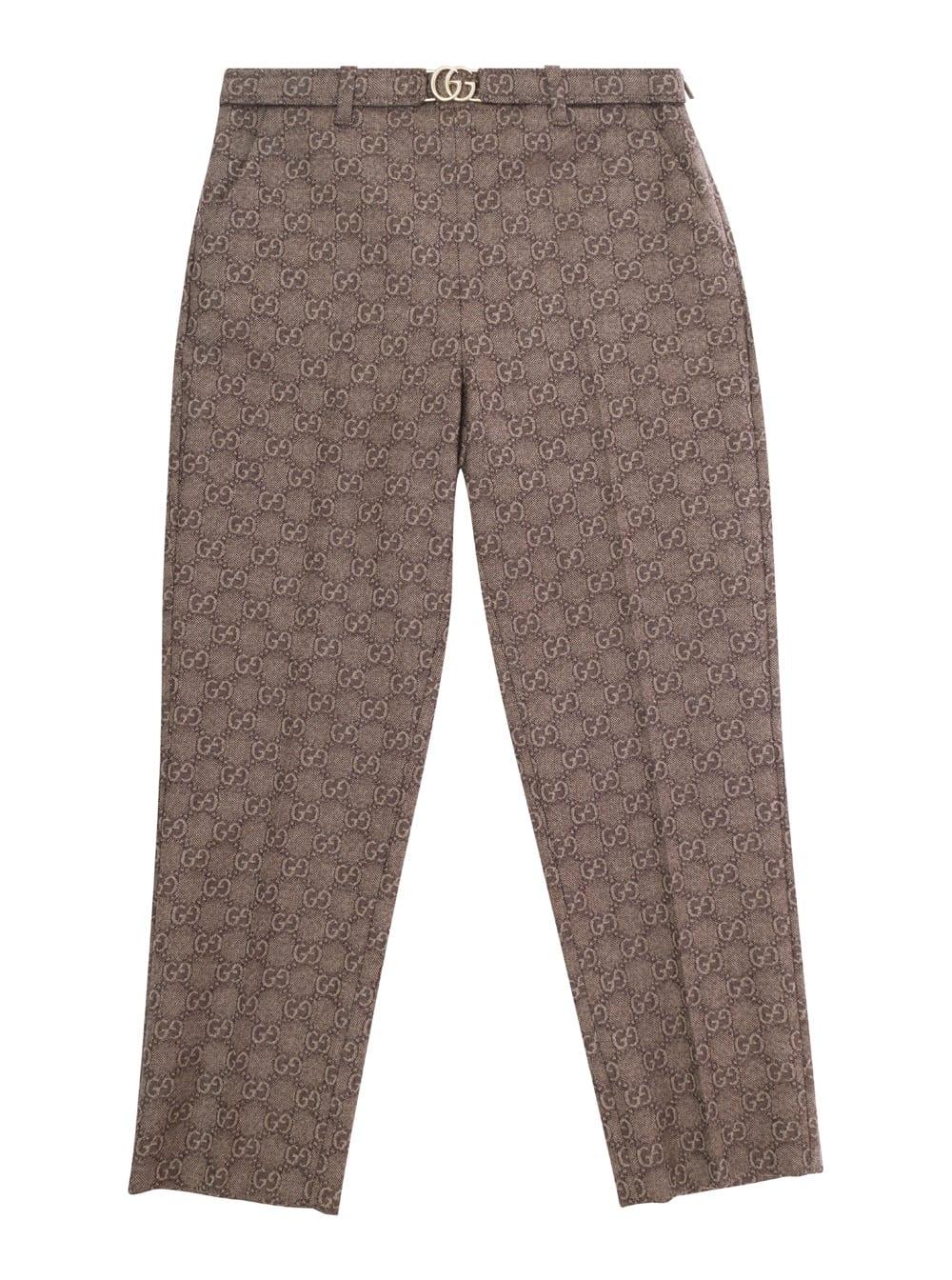 gucci brown pants with gg motif and belt in wool girl