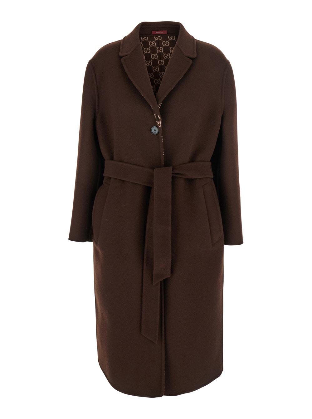 gucci brown reversible double-breasted coat with notched revers and belt in wool woman