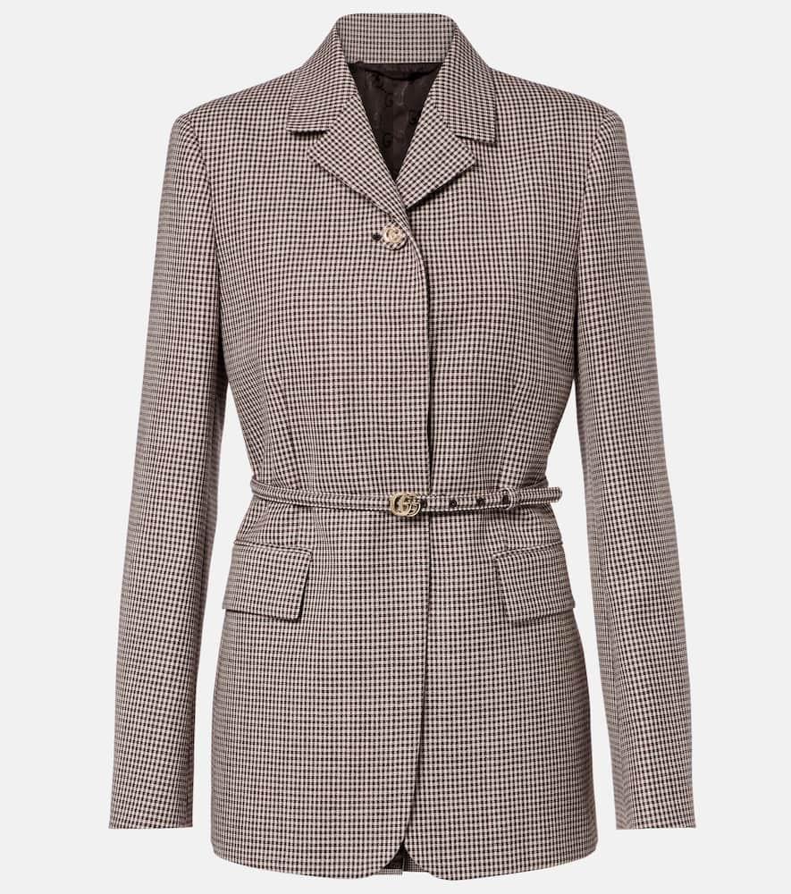 gucci double g gingham belted wool blazer