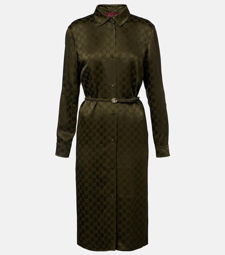 gucci gg belted satin jacquard shirt dress
