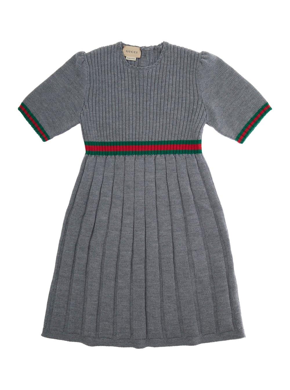 gucci grey dress with round neck and web detail in wool girl