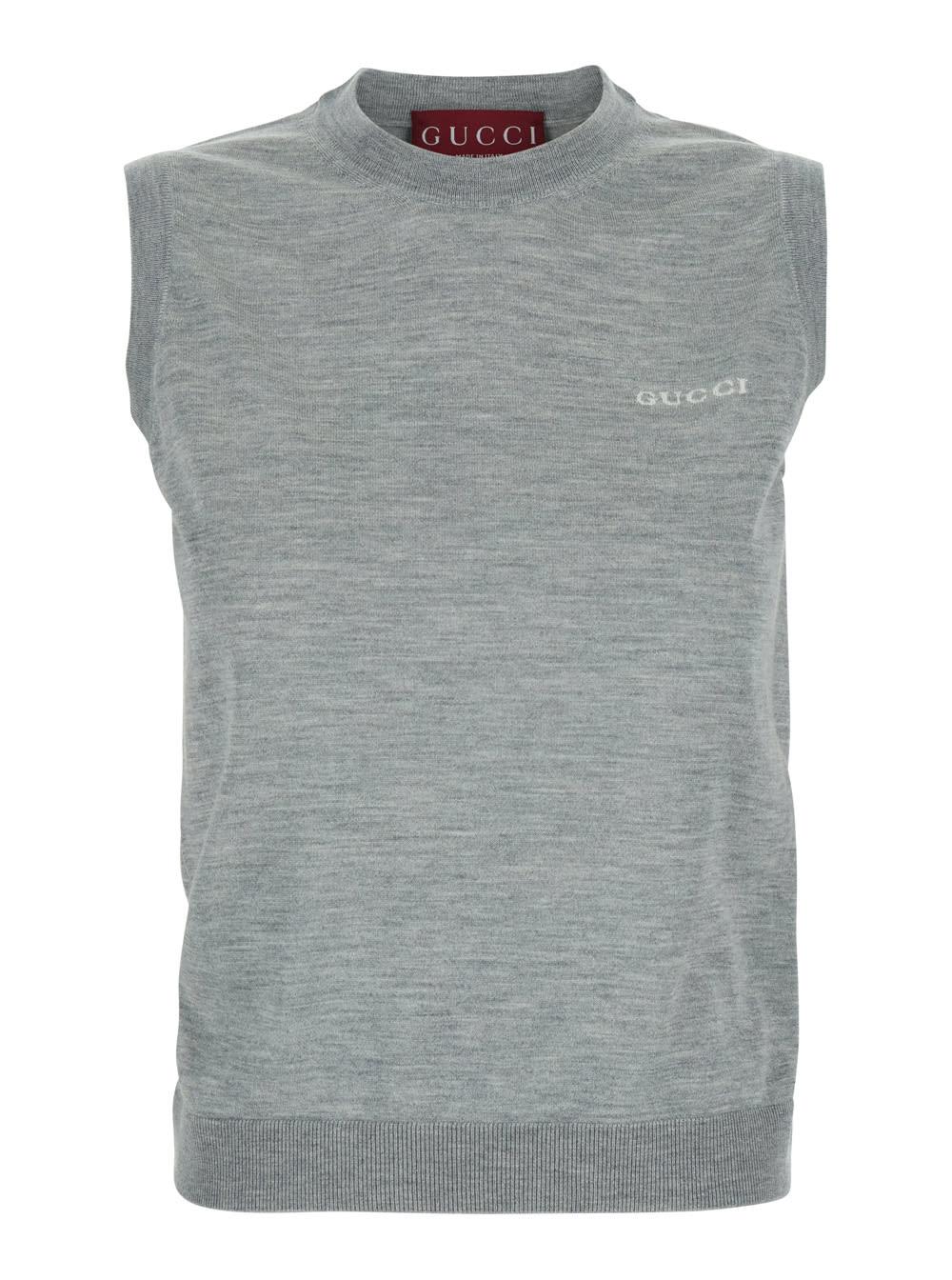 gucci grey sleeveless sweater with logo on the front in cashmere woman