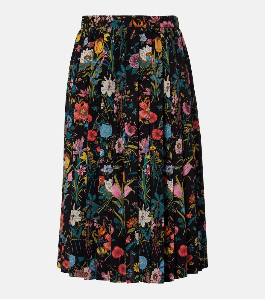 gucci pleated floral silk midi skirt