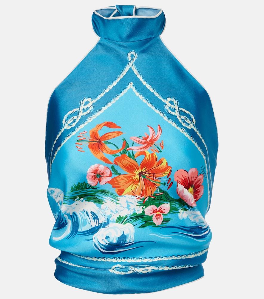 gucci printed halterneck silk twill crop top