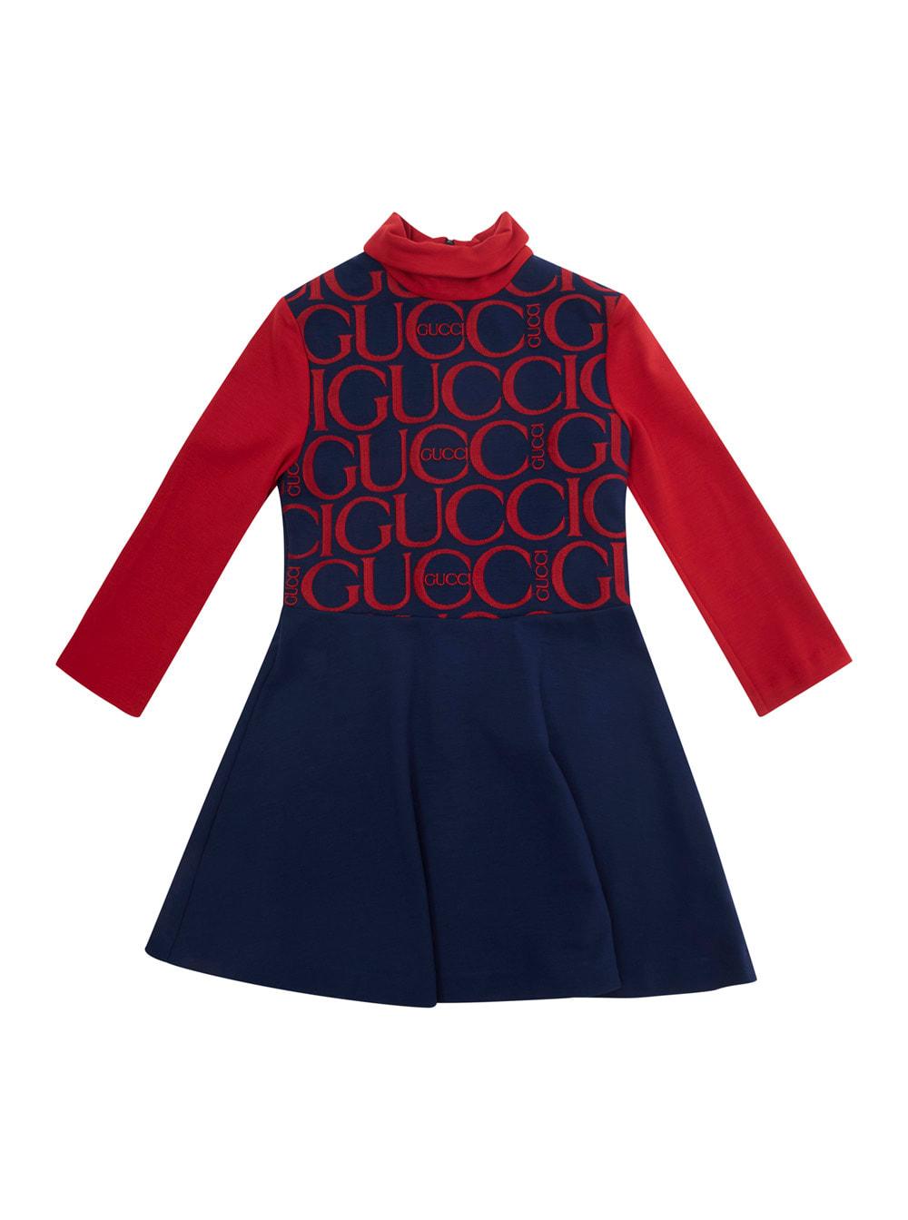 gucci red and blue long sleeve dress with logo lettering print in viscose girl