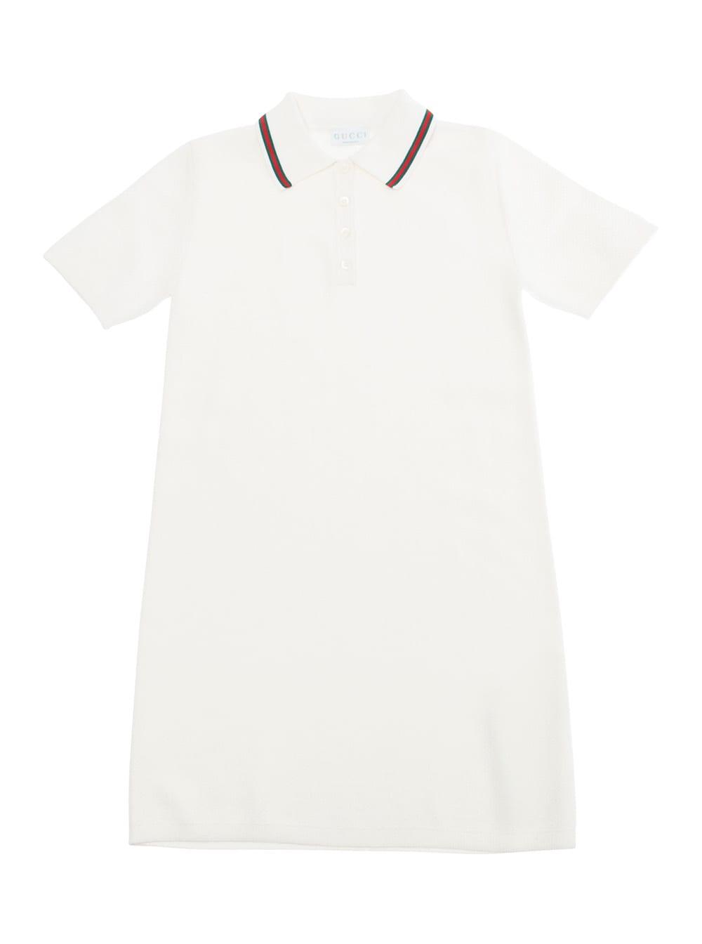 gucci white dress with polo shirt style collar with web detail and embroidery in cotton girl