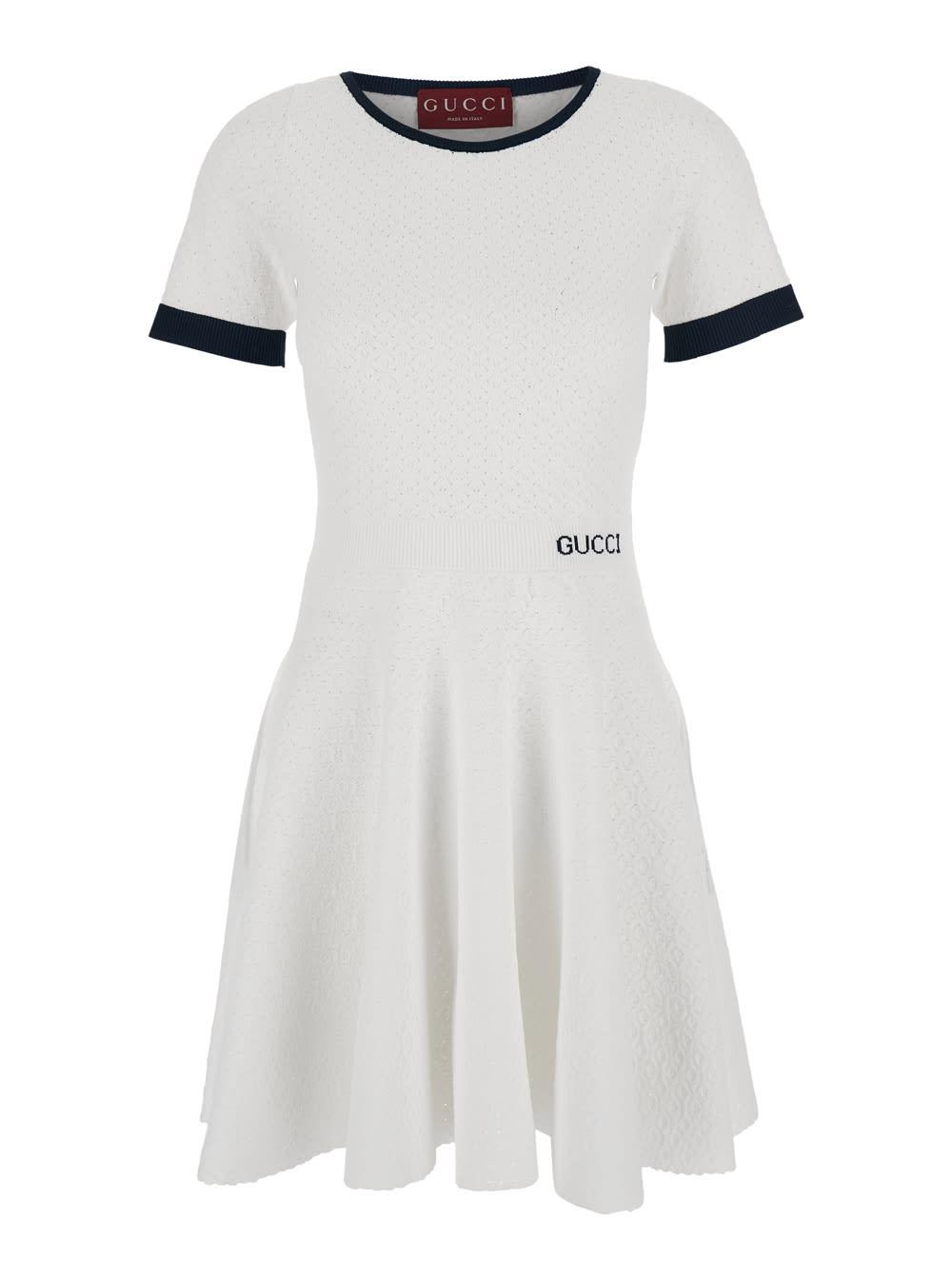 gucci white flared dress with logo lettering embroidery on the front in viscose blend woman