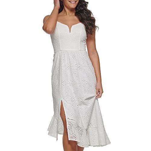 guess women's asymmetrical cotton eyelet midi contemporary dress, white, 8