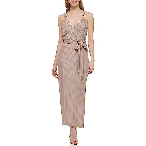 guess women's crystal pleated maxi waist tie dress, taupe, 16