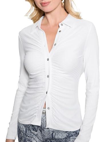 guess women's eco long sleeve button front jade rib top, pure white