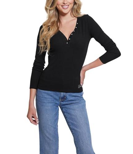 guess women's eco long sleeve kyla rib henley, jet black