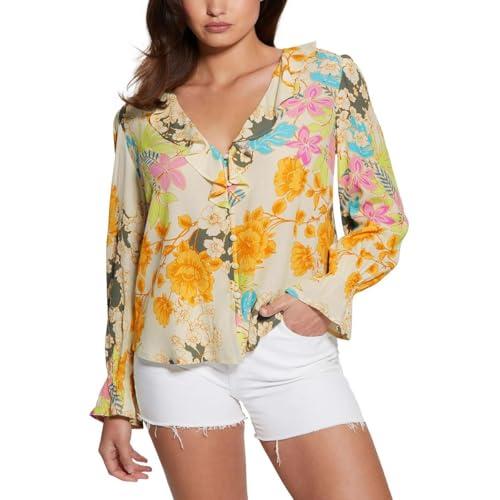 guess women's eco long sleeve toni top, gold coast floral print