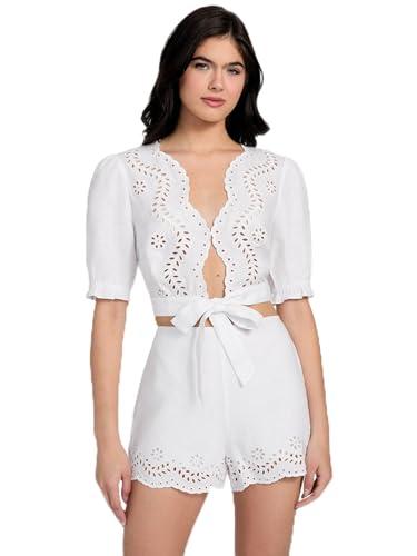guess women's eco short sleeve dessa tie front top, pure white