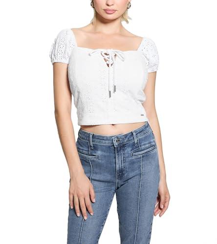 guess women's eco short sleeve eliane puffed top, pure white