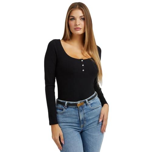 guess women's essential long sleeve karlee jewel button henley, jet black, small