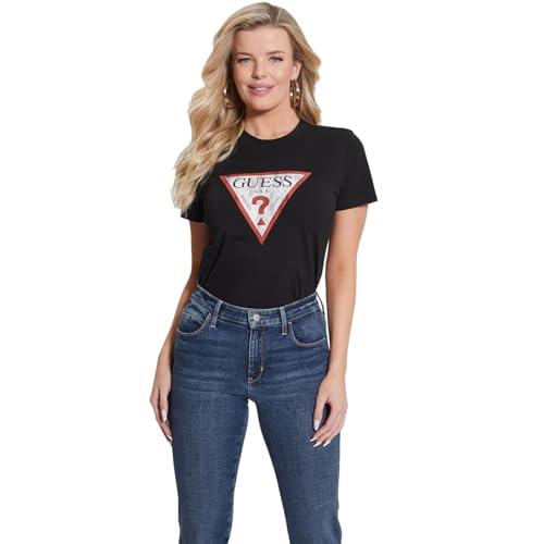 guess women's essential short sleeve classic fit logo tee, jet black, large