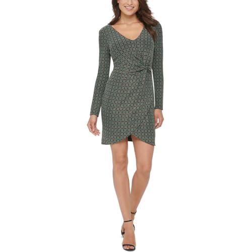 guess women's faux wrap metallic long sleeve dress, emerald multi, 14