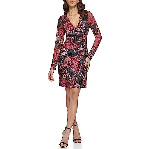 guess women's fitted long sleeve v-neck dress, blck multi, 10