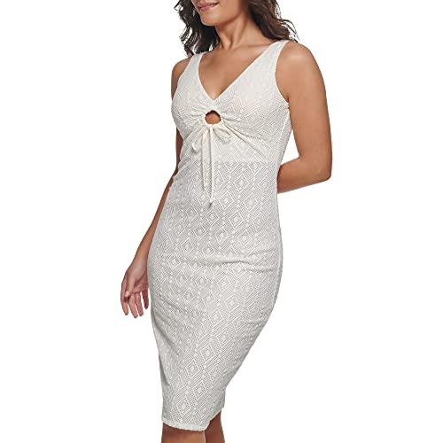 guess women's geo lace sheath with key hole detail contemporary dress, white