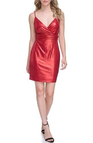 guess women's knit surplice metallic mini dress, red, 12