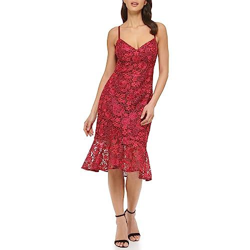 guess women's lace midi with flounce hem dress, wine, 12