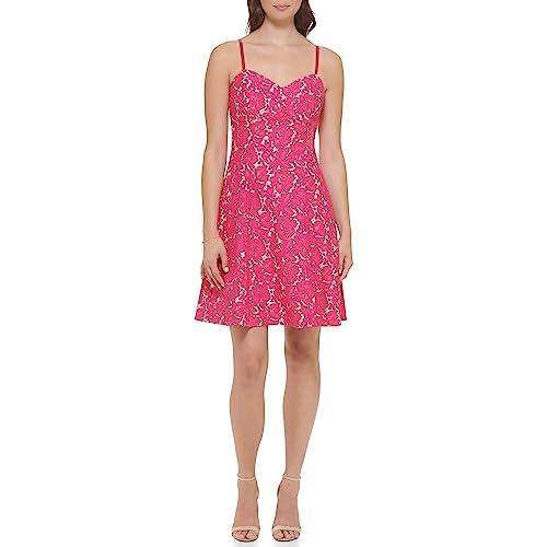 guess women's lace tank skater dress, hot pnk/nude, 10