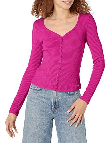 guess women's long sleeve raylynn rib henley top, anemone bloom, medium
