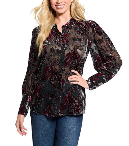 guess women's long sleeve regal button up top, red noir multi