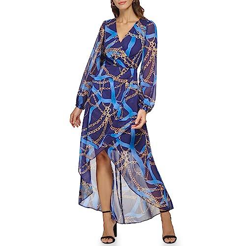 guess women's long sleeve scarf print chiffon maxi dress, ink multi, 10