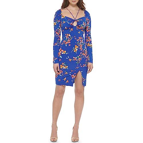 guess women's longsleeve printed cut out sheather dress, cobalt multi, 12