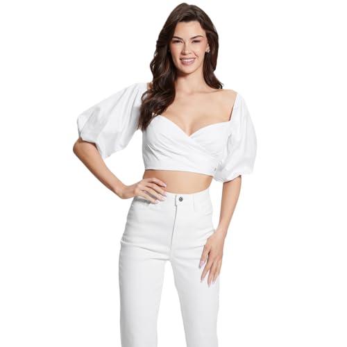 guess women's off shoulder cropped jun shirt, pure white