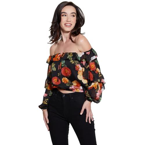 guess women's off shoulder shani ruffle top, peony charm print black