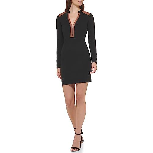 guess women's sheath with zip up neck dress, blk/cognac, 16
