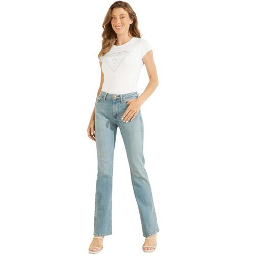 guess women's short sleeve embellished logo r3 tee, pure white, extra small