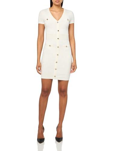 guess women's short sleeve gemma palm button front dress, dove white