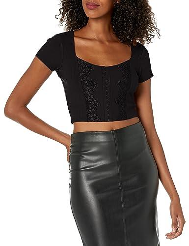 guess women's short sleeve hook and eye rib jamie top, jet black, medium