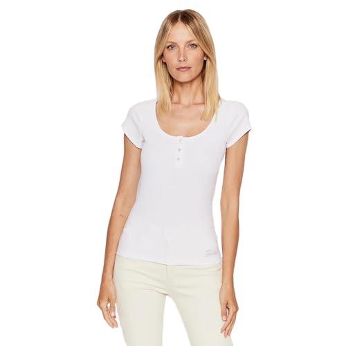 guess women's short sleeve karlee jewel henley, pure white, large