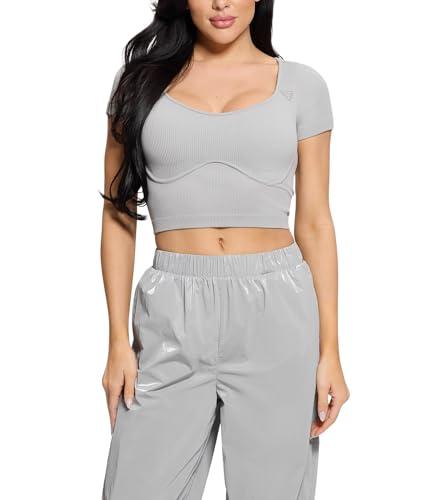 guess women's short sleeve martina seamless top, celestial gray