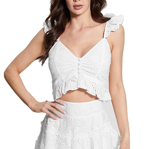 guess women's sleeveless arielle floral eyelet top, pure white